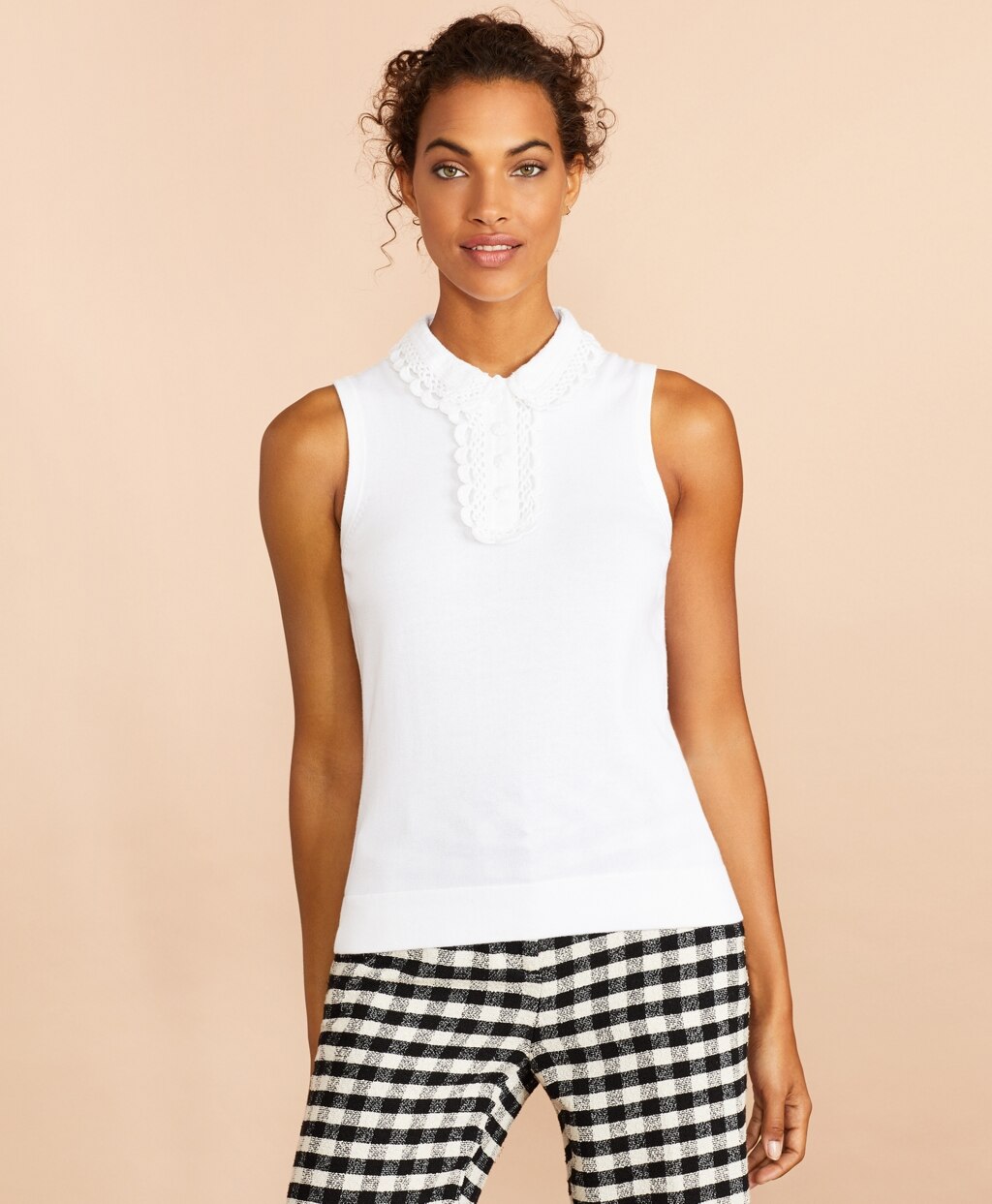Brooks Brothers Women Crochet Lace-Trimmed Cotton Sleeveless Polo