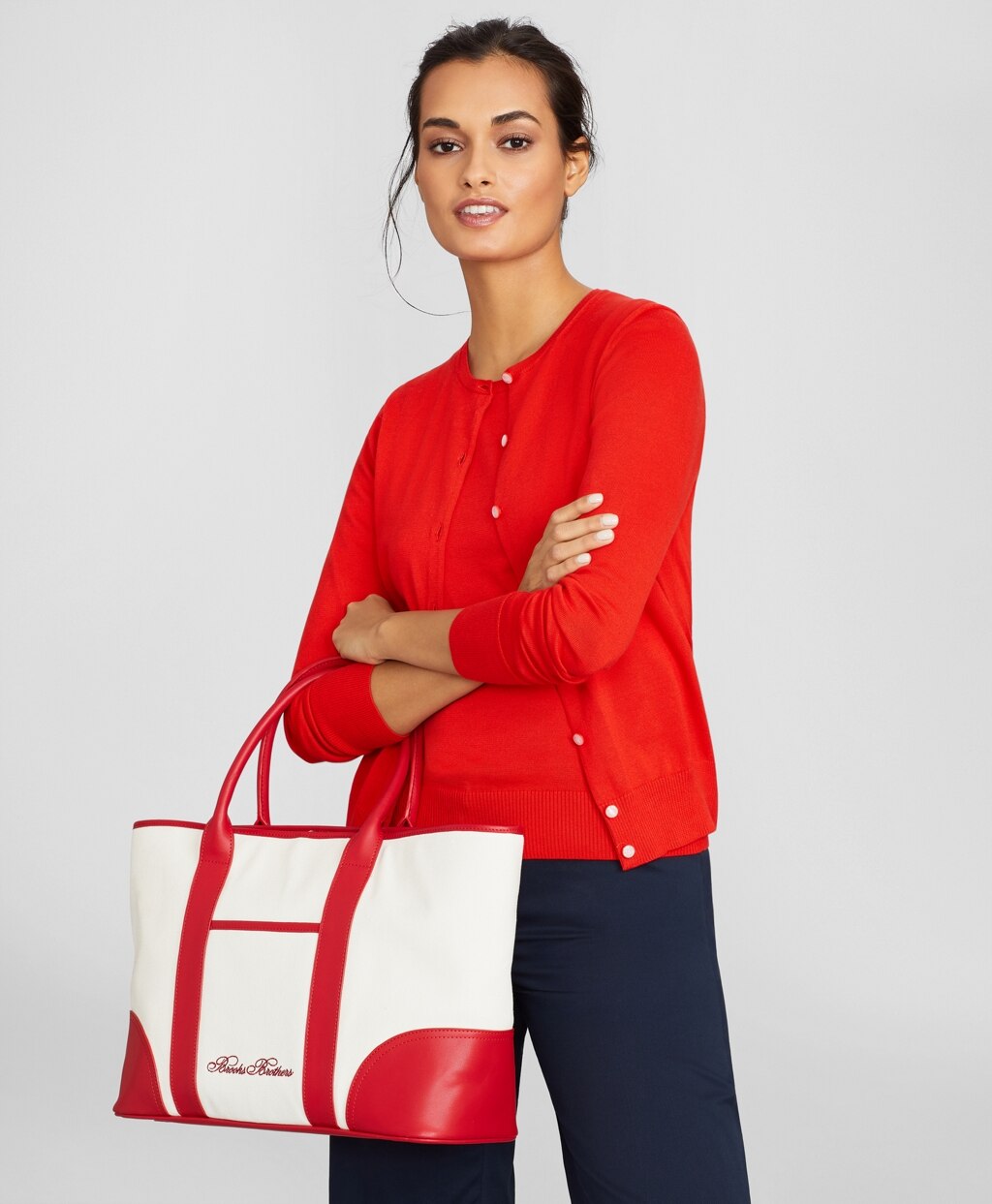 Brooks Brothers Women Leather-Trimmed Canvas Tote Bag