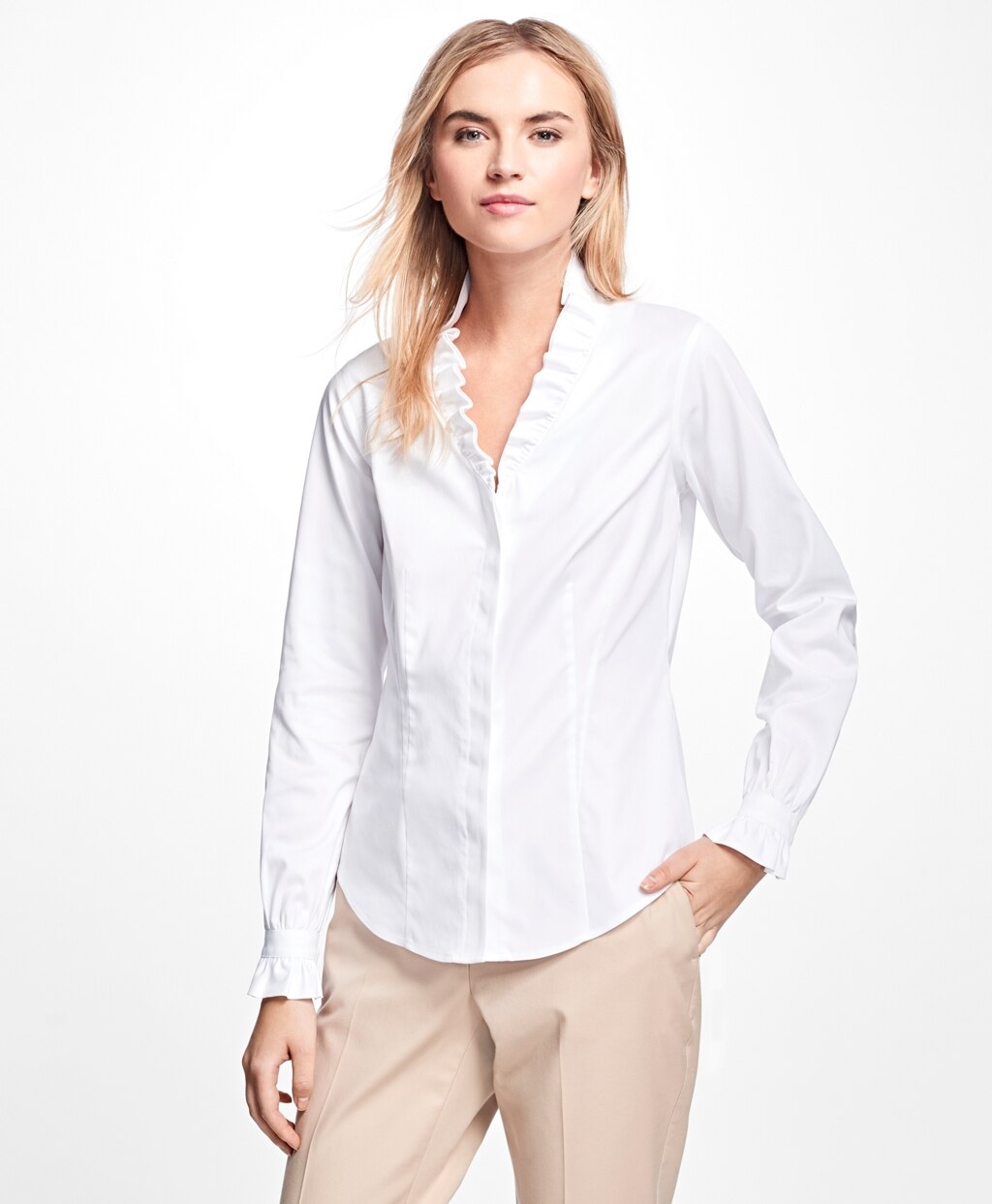 Brooks Brothers Women Non-Iron Ruffle Pinpoint Oxford Dress Shirt