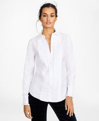Brooks Brothers Women Non-Iron Tailored Fit Cotton Dobby Ruffled Tuxedo Shirt