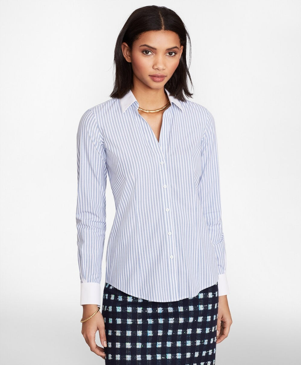 Brooks Brothers Women Non-Iron Striped Supima® Cotton Poplin Contrast-Collar Fitted Shirt