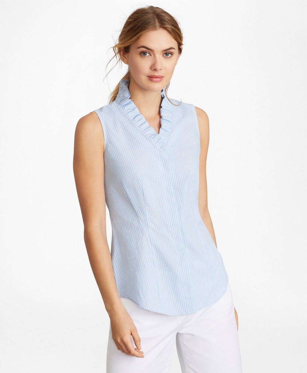 Brooks Brothers Women Non-Iron Striped Supima® Cotton Ruffle-Collar Sleeveless Blouse