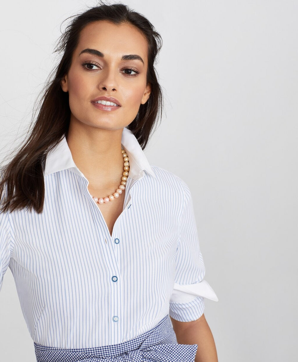 Brooks Brothers Women Non-Iron Striped Supima® Cotton Dobby Contrast-Collar Fitted Shirt
