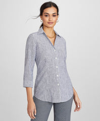 Brooks Brothers Women Striped Linen Three-Quarter-Sleeve Shirt