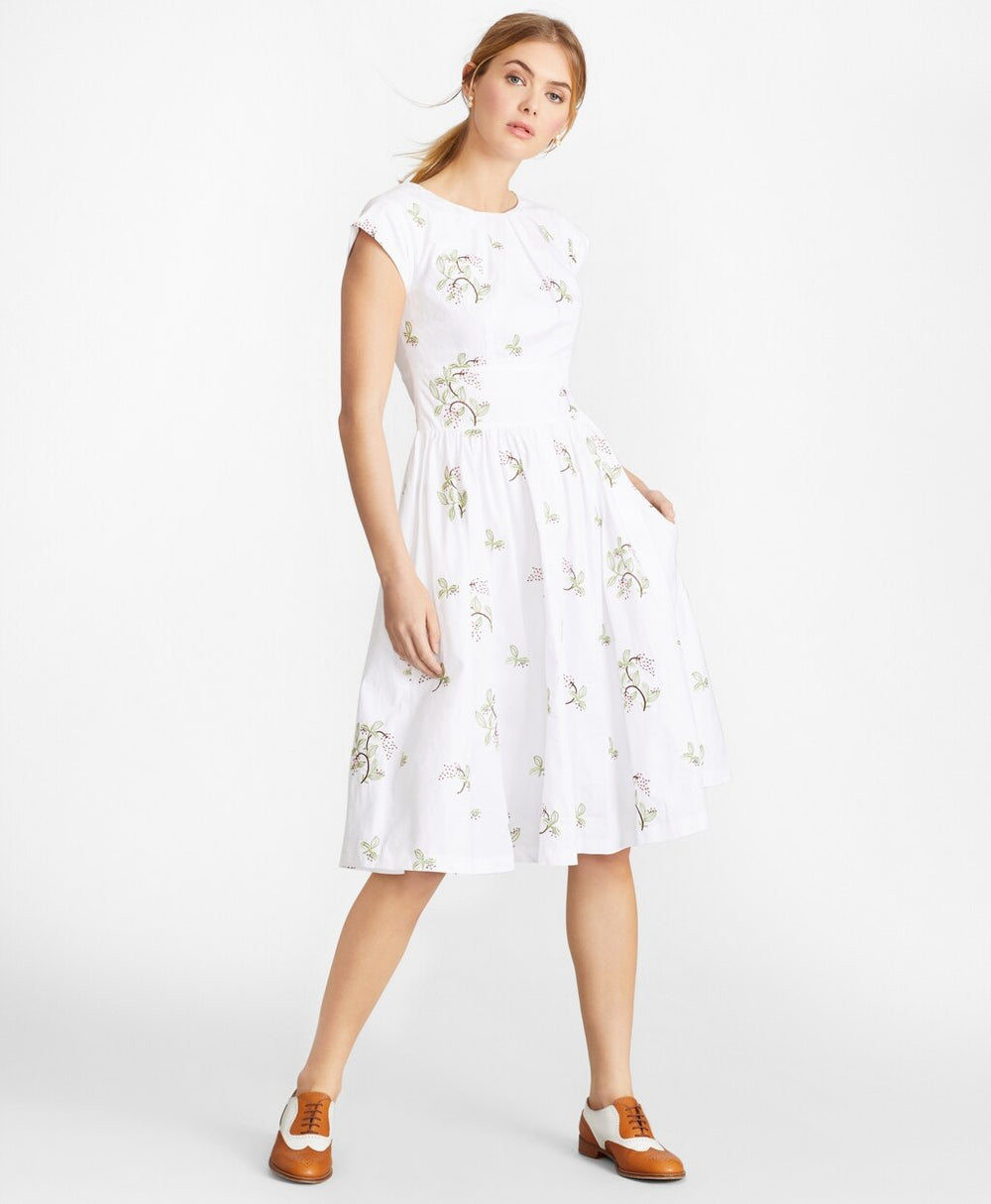 Brooks Brothers Women Floral-Embroidered Plaid Jacquard Cotton Dress