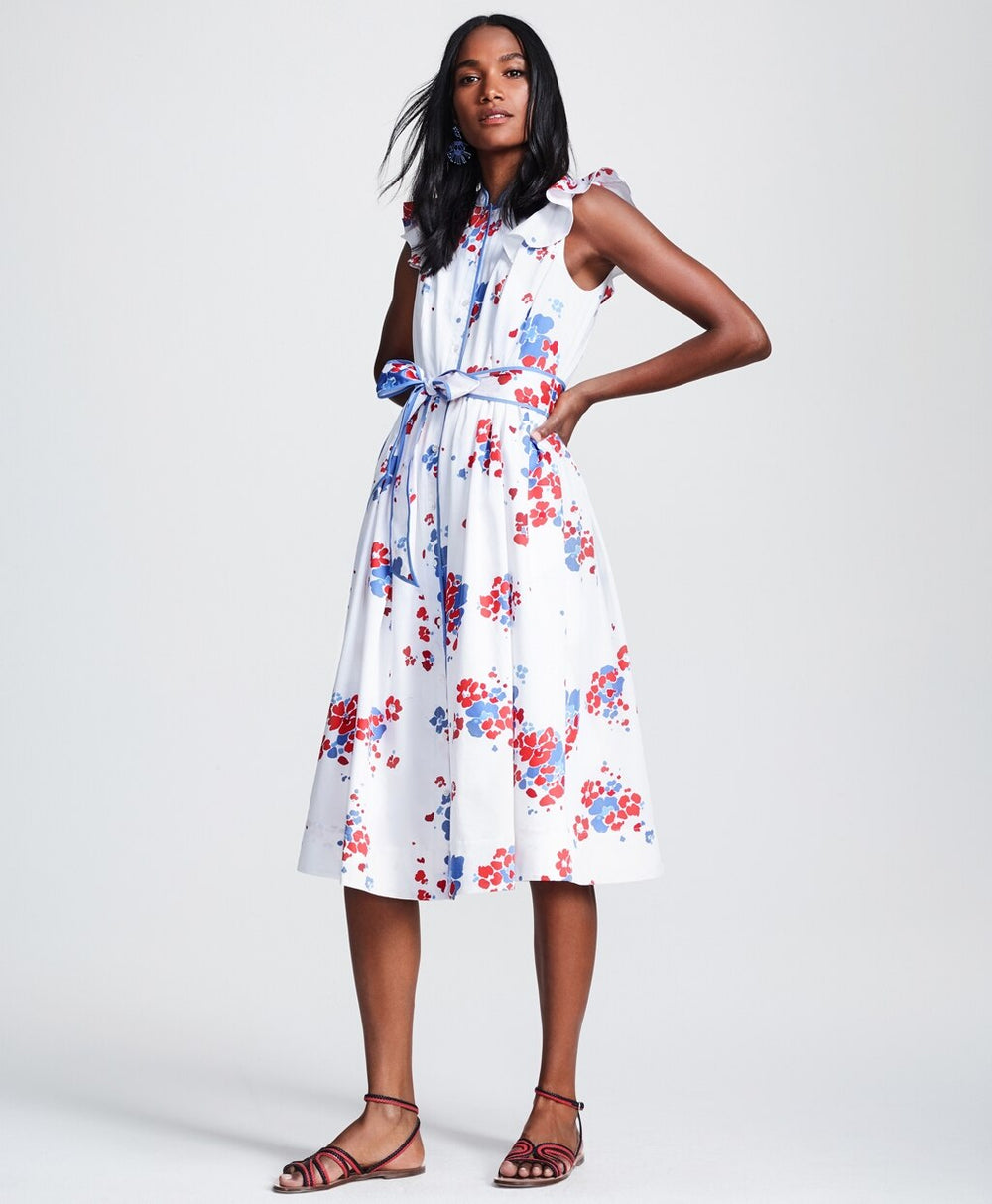 Brooks Brothers Women Floral-Print Supima® Cotton Sateen Flutter-Sleeve Shirt Dress