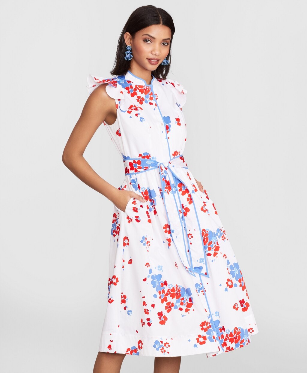 Brooks Brothers Women Floral-Print Supima® Cotton Sateen Flutter-Sleeve Shirt Dress