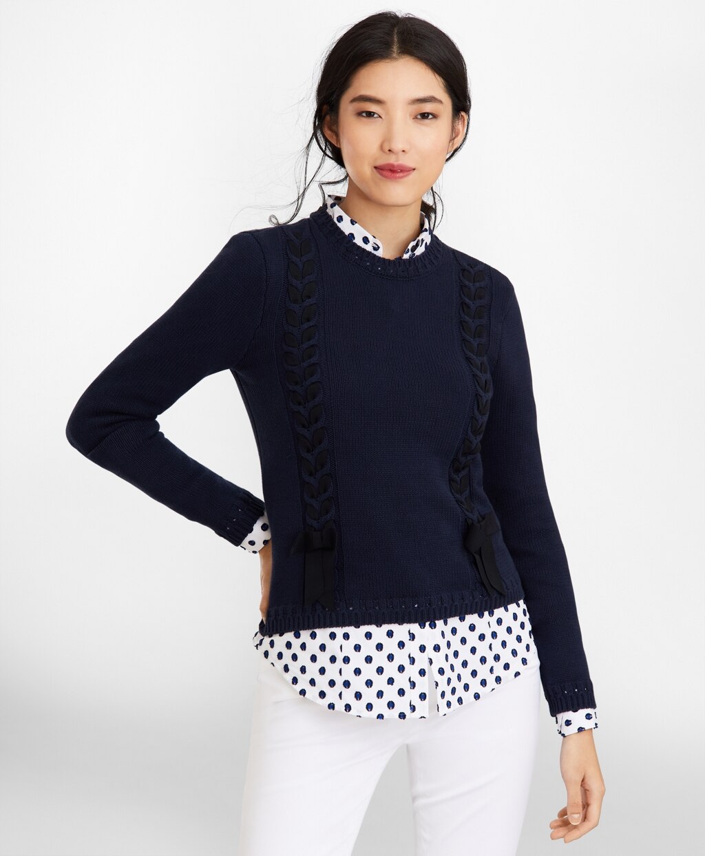 Brooks Brothers Women Grosgrain-Trimmed Supima® Cotton Cable-Knit Sweater