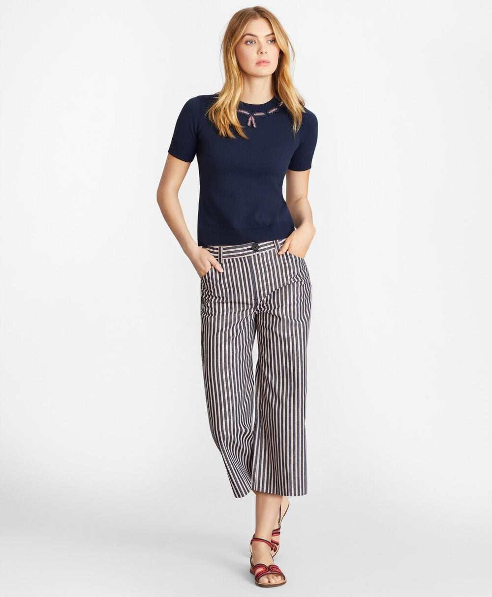 Brooks Brothers Women Grosgrain-Trimmed Cotton Short-Sleeve Shell