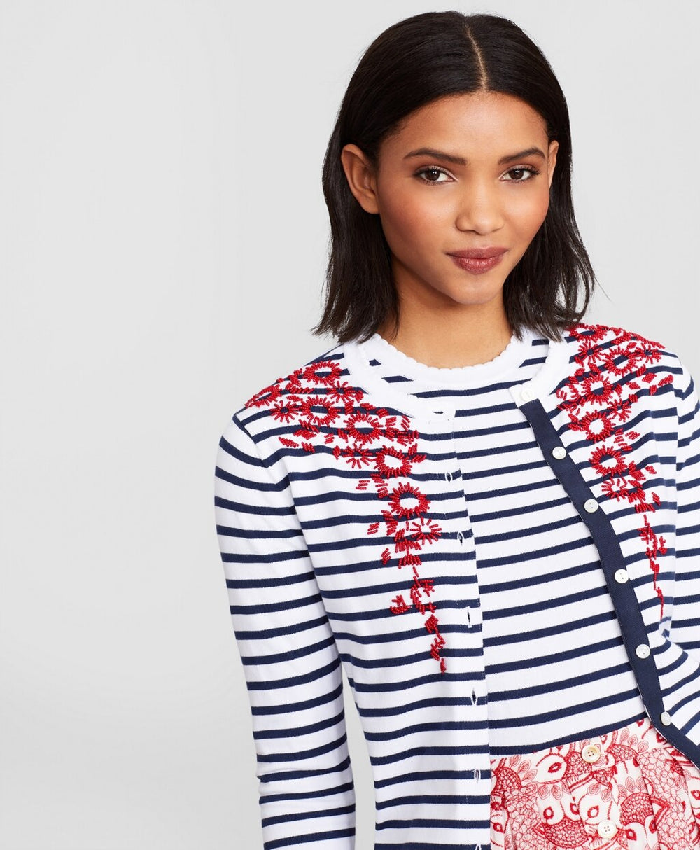 Brooks Brothers Women Floral-Beaded Striped Cardigan
