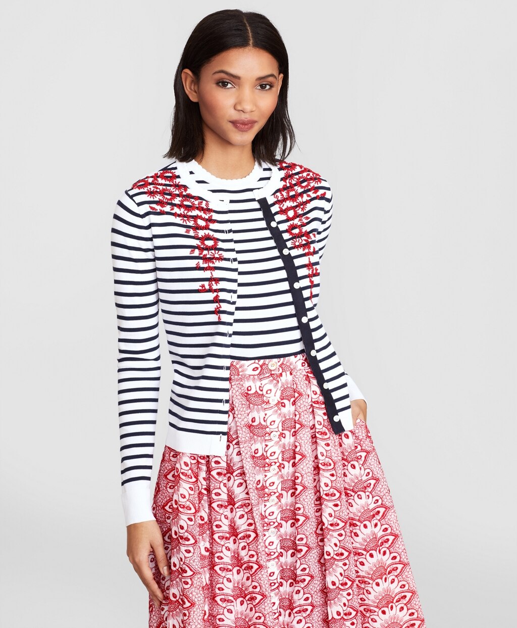 Brooks Brothers Women Floral-Beaded Striped Cardigan